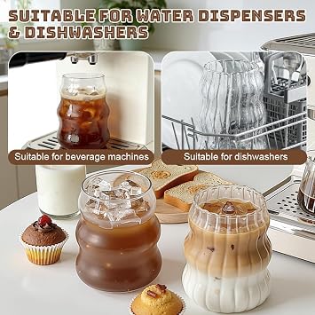 2 Pcs Ribbed Glass Cups Set with Straws