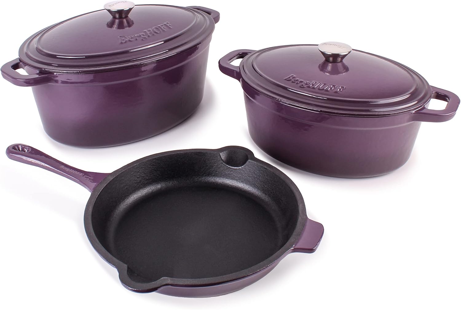 BergHOFF Neo 5Pc Enameled Cast Iron Cookware Set, 5qt., 8qt. Dutch Ovens, Matching Lids, Fry Pan 10 Inches, Fast, Evenly Heat, Oven Safe (Purple)