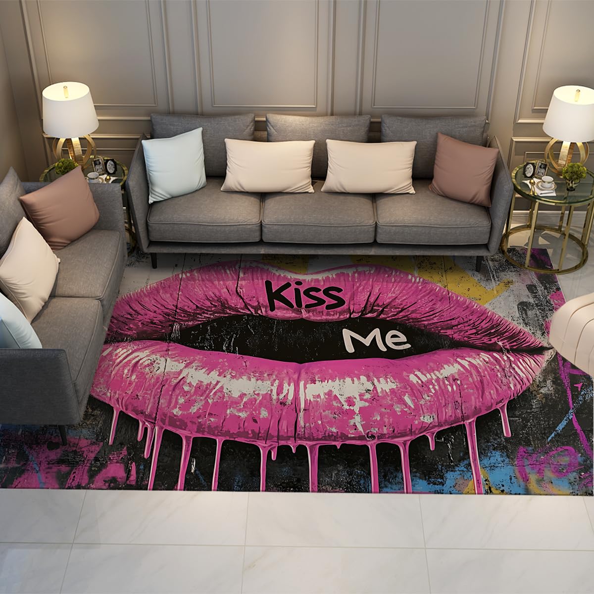 Tapis lèvres roses 160x230cm grand tapis de salon graffiti moderne