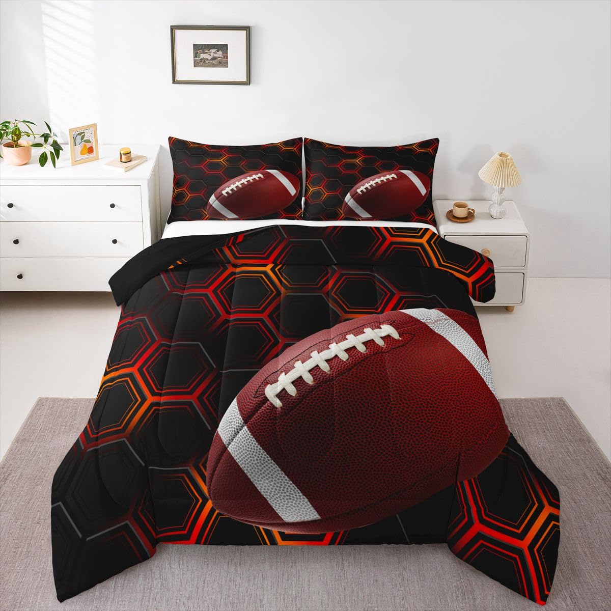 Erosebridal American Football Bedding Set, Rugby Comforter Set Twin Size Neon Hexagon Honeycomb Duvet Insert Sports Games Bedding Comforter Sets for