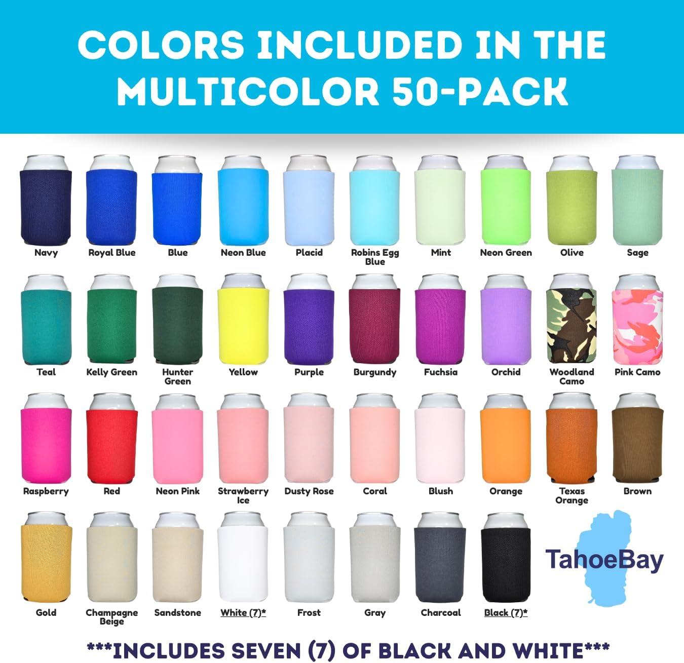 TahoeBay Bulk Blank Beer Can Cooler Sleeves (50-Pack) Sublimation Blanks for Vinyl Plain Soft Foam Can Sleeves Coolers for Soda Cans & Bottles Black, White, Assorted Solid Color (Multicolor) - Image 2