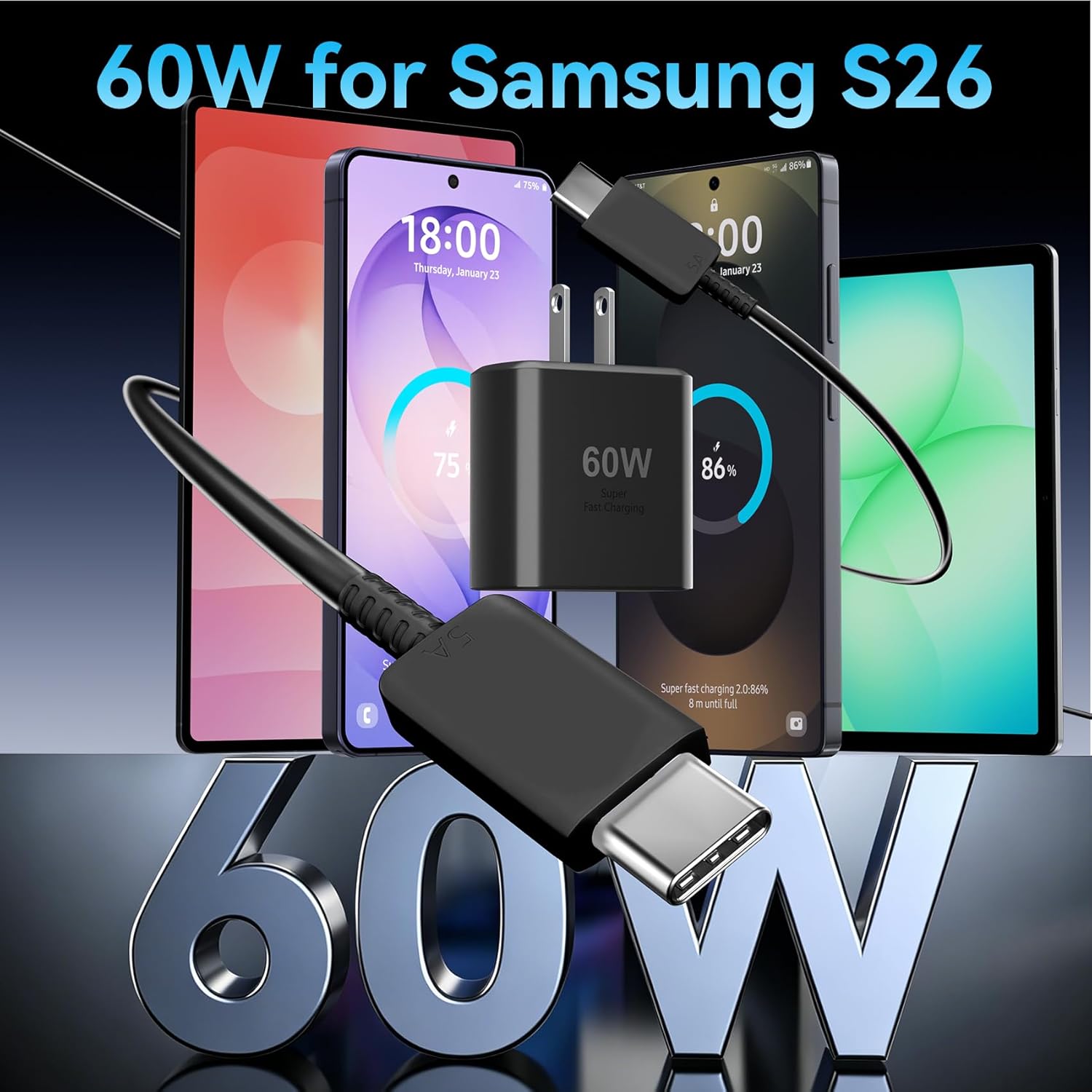 60W USB C Super Fast Charger Type C Android Phone Charger Fast Charging Block with 10 FT Type C Charging Cable Cord for Samsung Galaxy S26/S26 Ultra/S26+/S25 Ultra/S25/S24 Ultra/S24/S23 Ultra/S22/S21