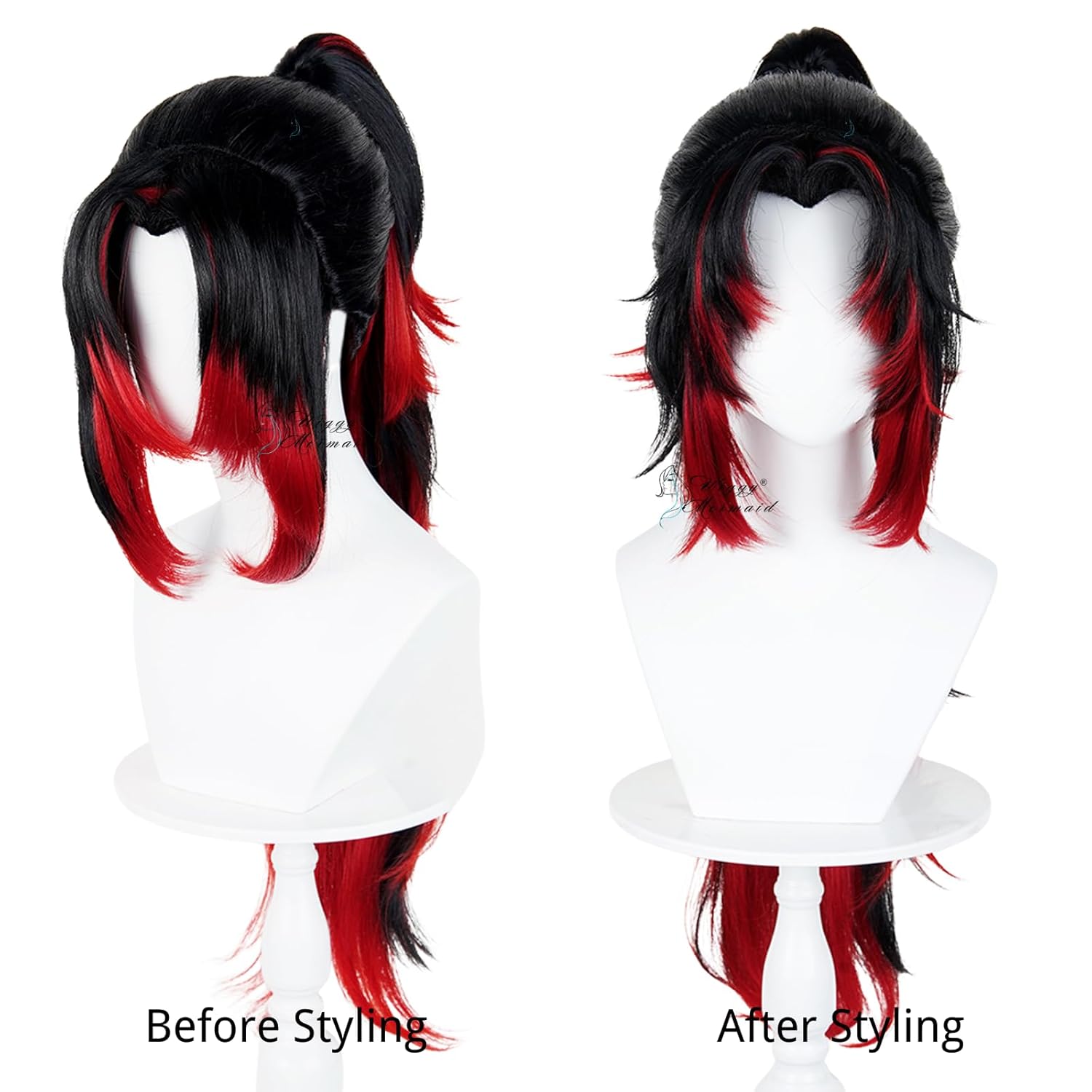 Wiggy Mermaid Black Red Ponytail Wig for Kokushibou Cosplay Tsugikuni Yoriichi Wigs with Cap for Halloween Costume