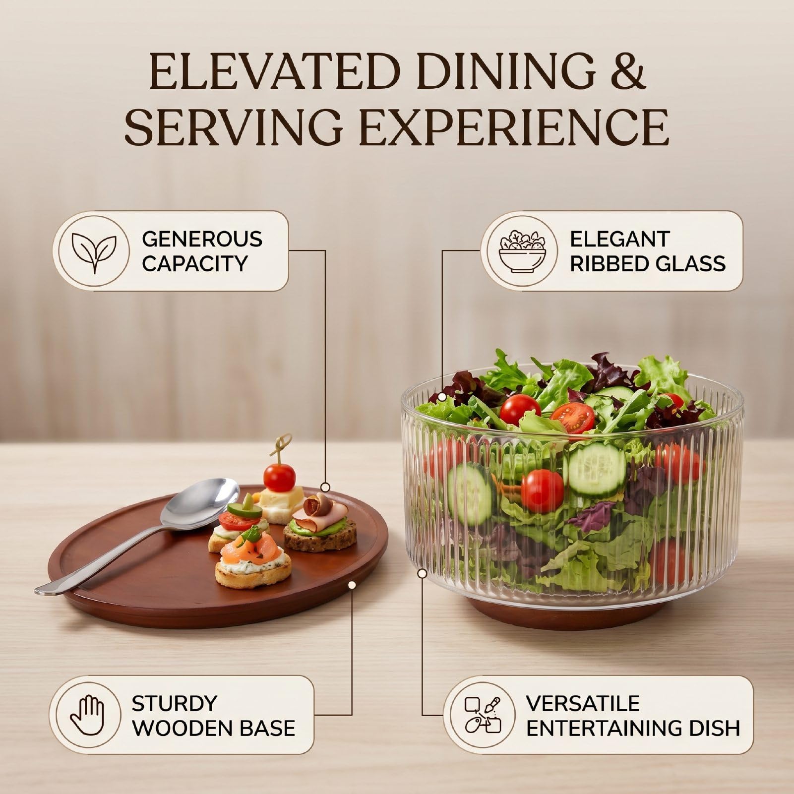 Haofy Ensaladera de Vidrio 9.06x5.91x5.71 Pulgadas 1700g Tazón de Vidrio Acanalado de Gran Capacidad con Tapa de Madera, Tazón Transparente para Servir para Cenas Familiares Ensaladas (claro)