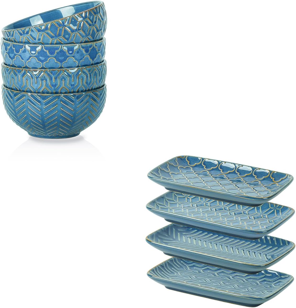 Sureasy Cereal Bowls 5.9 inch + 8 inch Rectangular Salad Plates, Set of 4, Blue