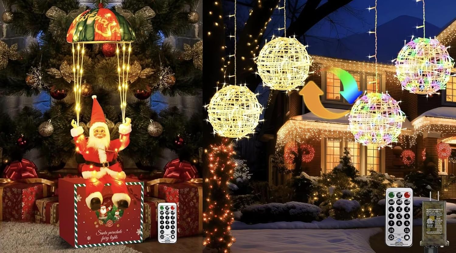 btfarm2024 New Christmas Decorations, Santa Cluas Parachute and Color Changing Christmas Light Balls Outdoor with Remote & Timer for Christmas