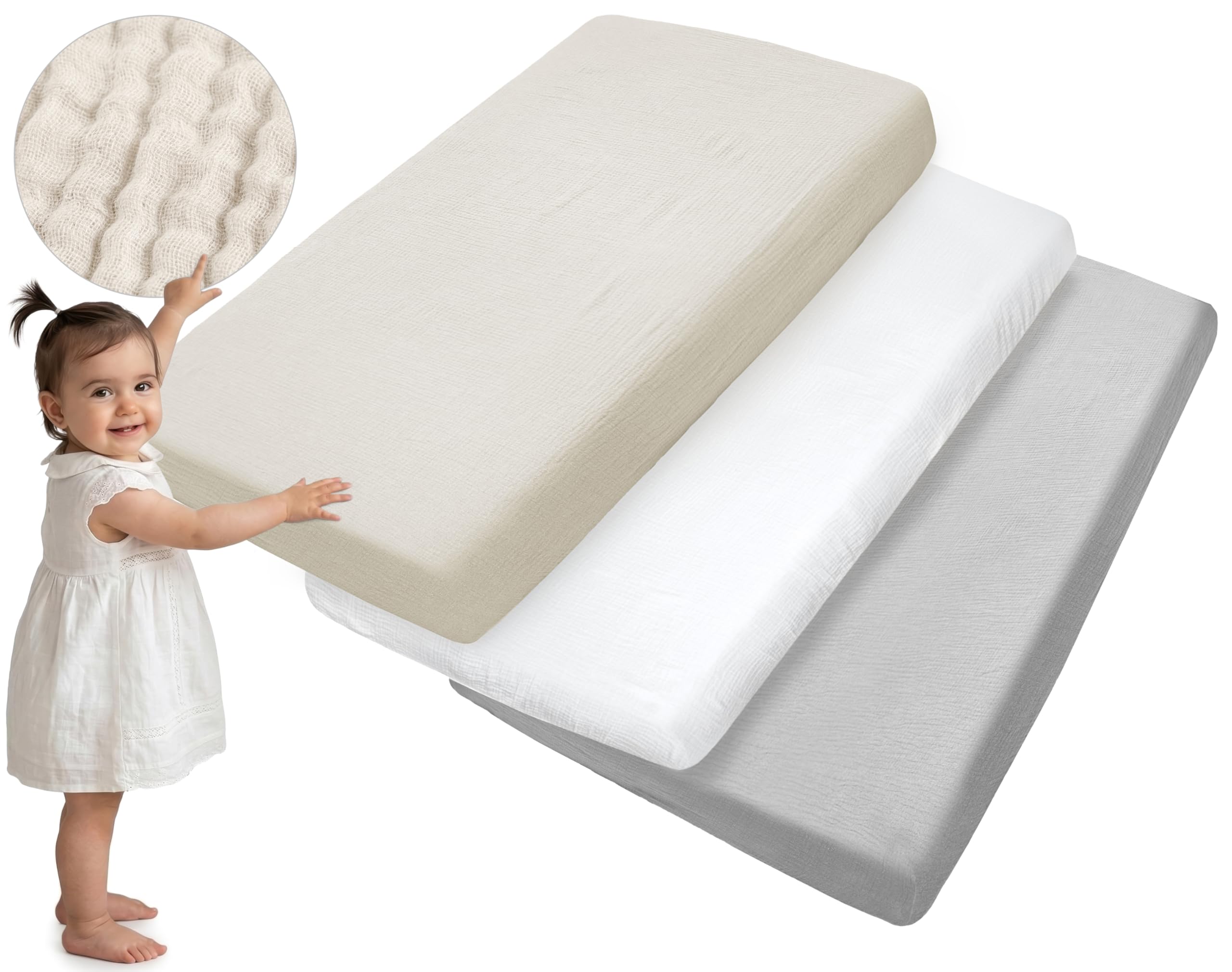 Medi Partners Fitted Sheet Muslin 60 x 120 cm 3-Pack Baby Bed Sheet Cot Fitted Sheet 100% Cotton - Muslin Sheet Bed Linen Baby Mattress Sleeping Bag Baby Bed ⟮Beige/White/Grey⟯