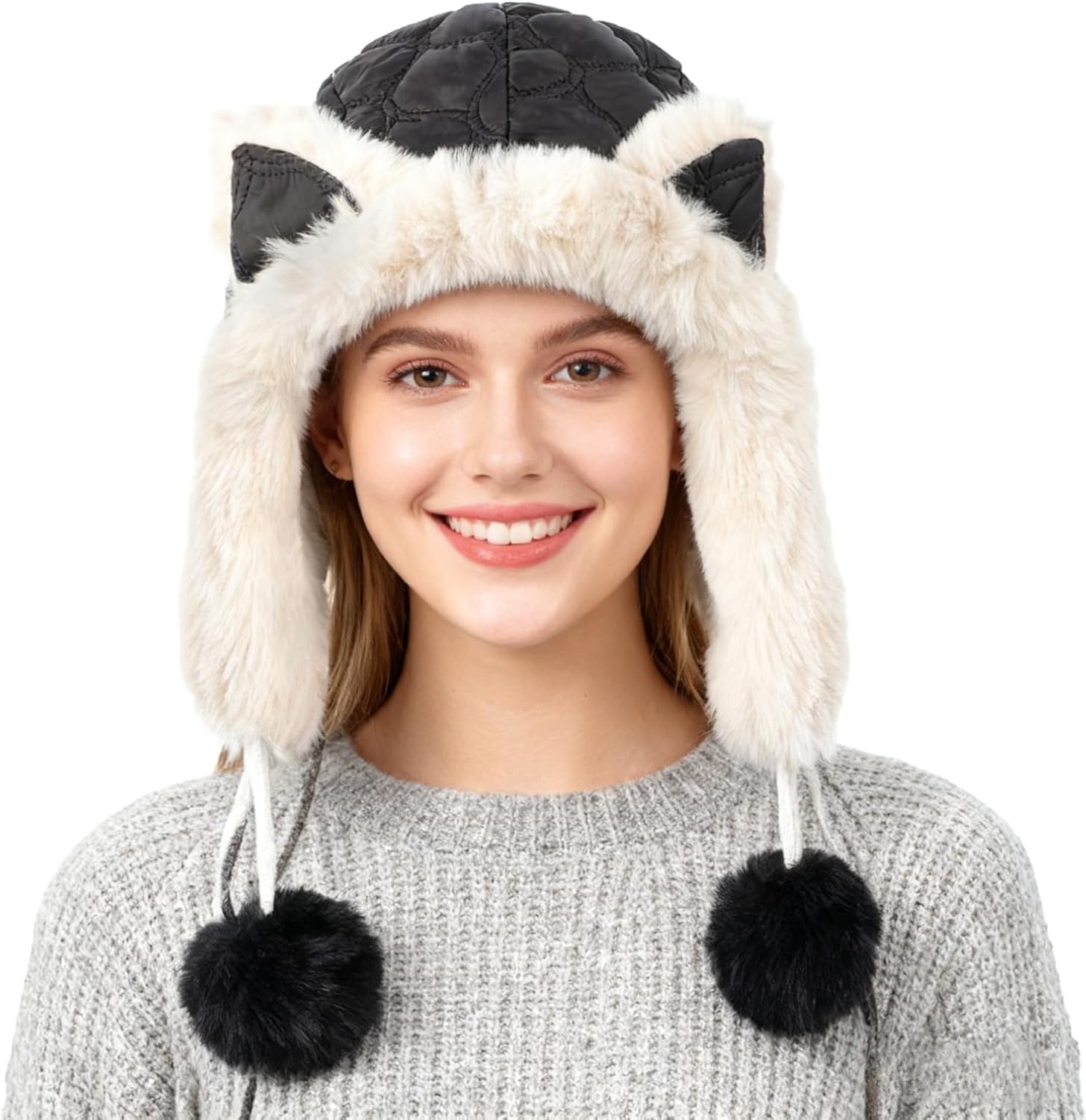 PURFUN Super Cute Cat Ear Trapper Hat for Women, Winter Fuzzy Faux Fur Ushanka Russian Hat Full Hood Ski Hunting Earflap Hat