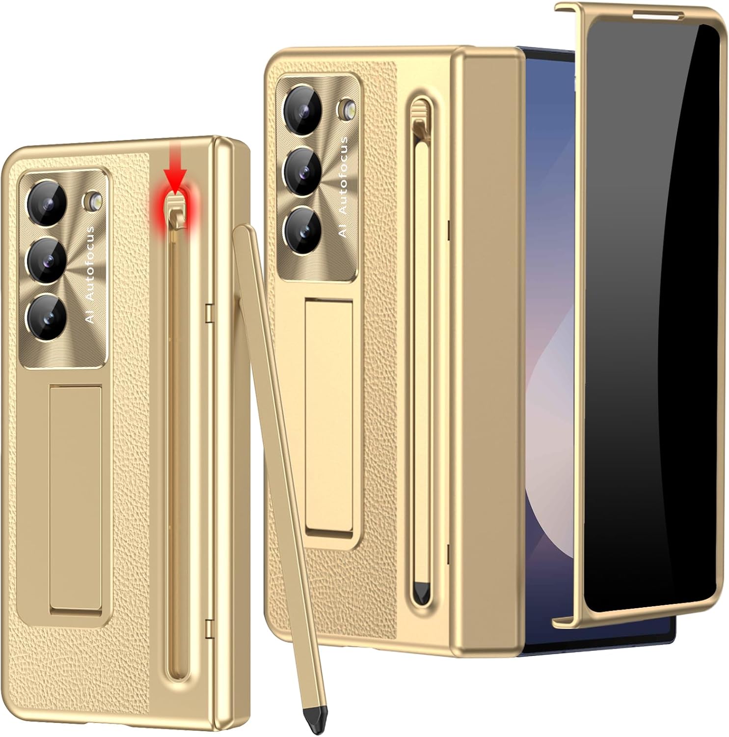 for Samsung Galaxy Z Fold 5 Case with S Pen Holder & Stylus, Fold5 Phone Case with Privacy Screen Protector Kickstand Camera Protector Pemium Leather Slim Protective Cover for Z Fold 5 Gold
