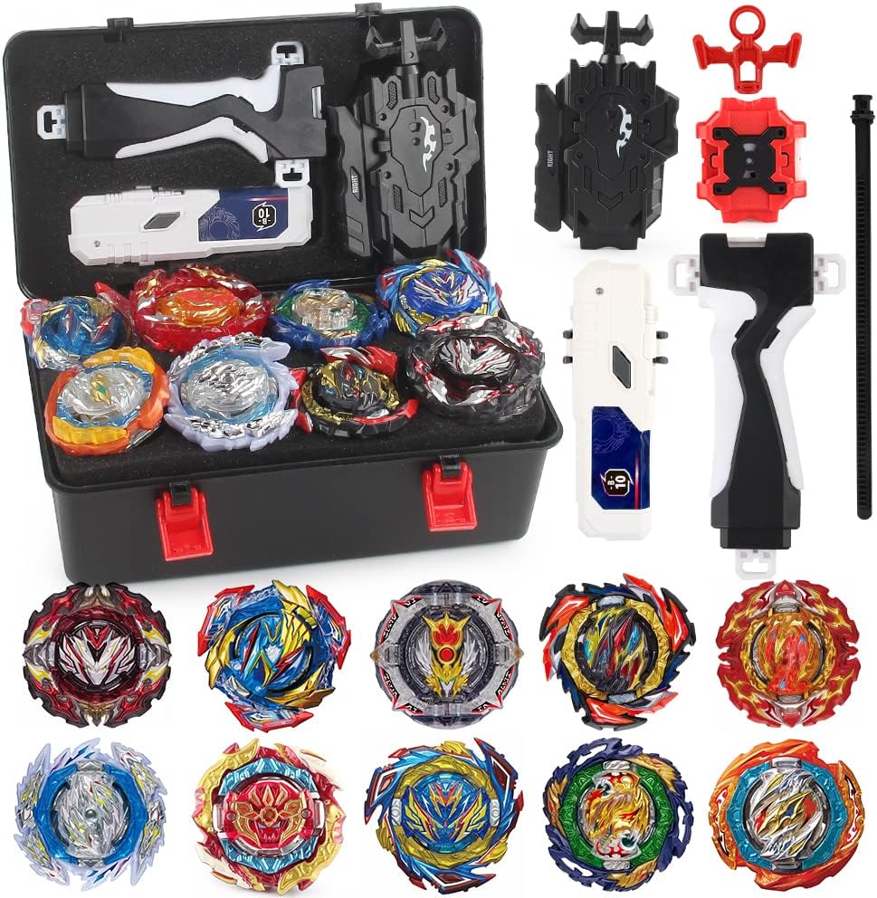 Burst Gyro Blade Toy Set 10 Spinning Tops 2 Two Way Launcher Metal Fusion Attack Top with Portable Box Gift for Ages 6+