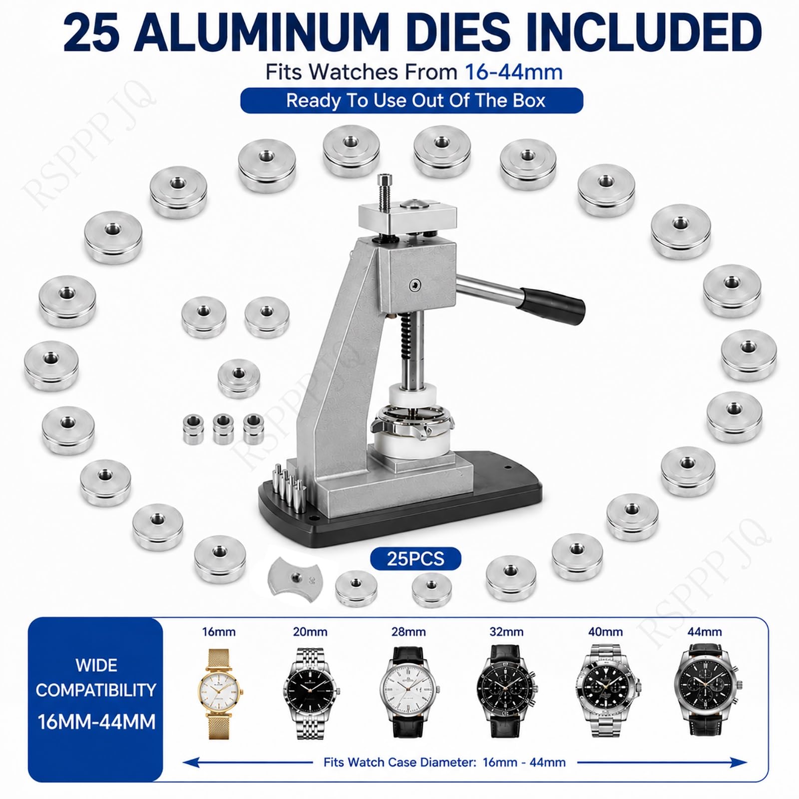 Kit de Herramientas de Prensa de Reloj con 25 Troqueles, laminador de Cristal de Fondo de Caja, for Abrir/Cerrar respaldos y reemplazar Banda/batería/Espejo for Relojes de 0,63 a 1,73 Pulgadas