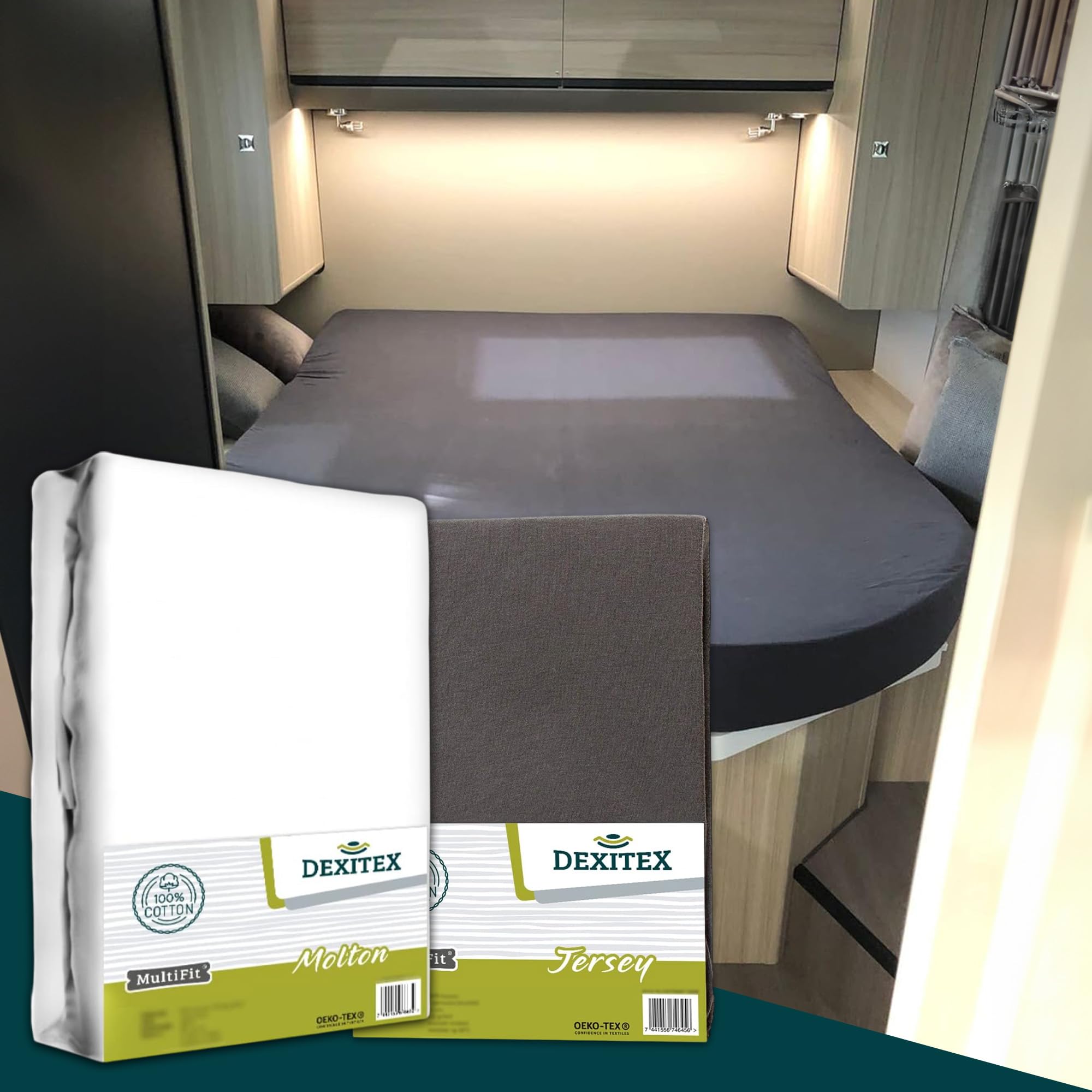 Bettlaken Wohnwagen Queensbett - 3er Set - 1 Molton, 2 Spannbettlaken - Anthrazit- Bettlaken aus hochwertiger Baumwolle -Oeko-TEX - Multi-Stretch-Spannbettlaken für Wohnmobil und Wohnwagen