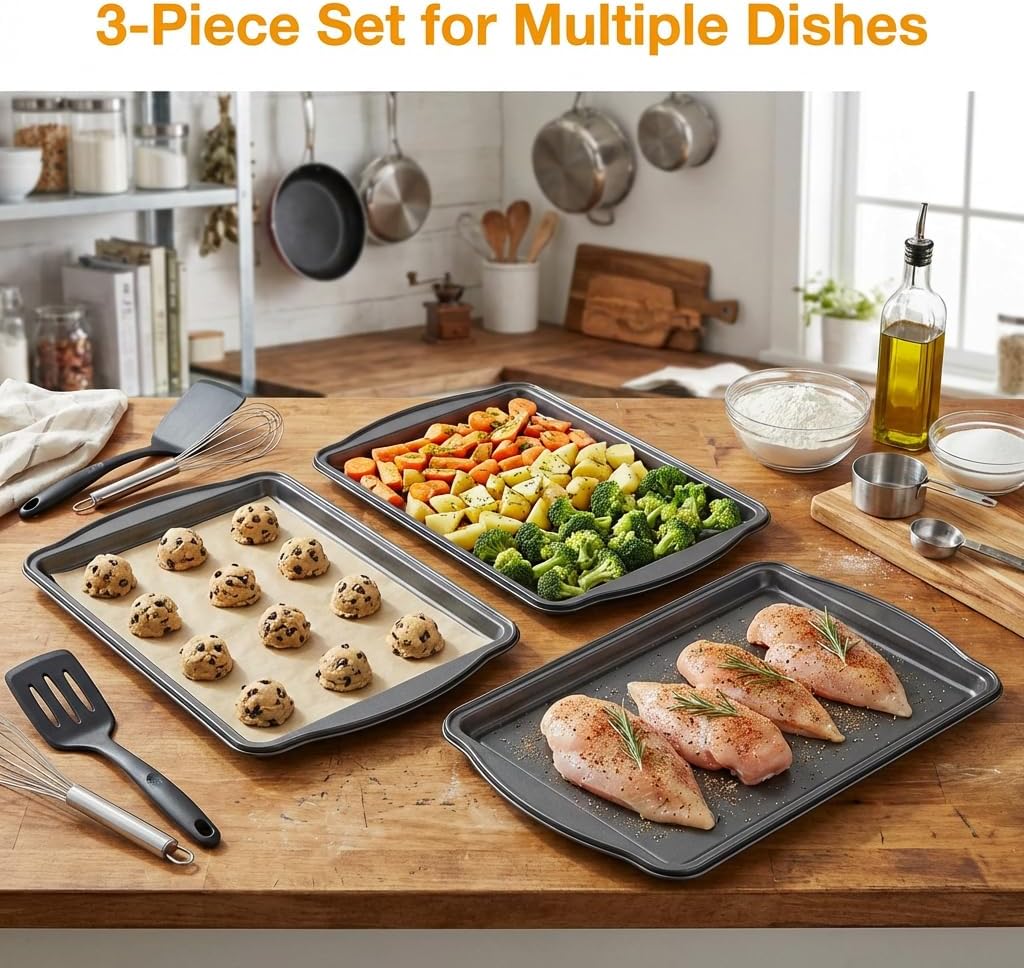 Baking Pan Set of 3 - Carbon Steel Baking Sheets Set, 13/15/17 Inch, Nonstick Cookie Sheets for Baking, Rust & Warp Resistant & Stackable, Nontoxic & Heavy Duty & Easy Clean