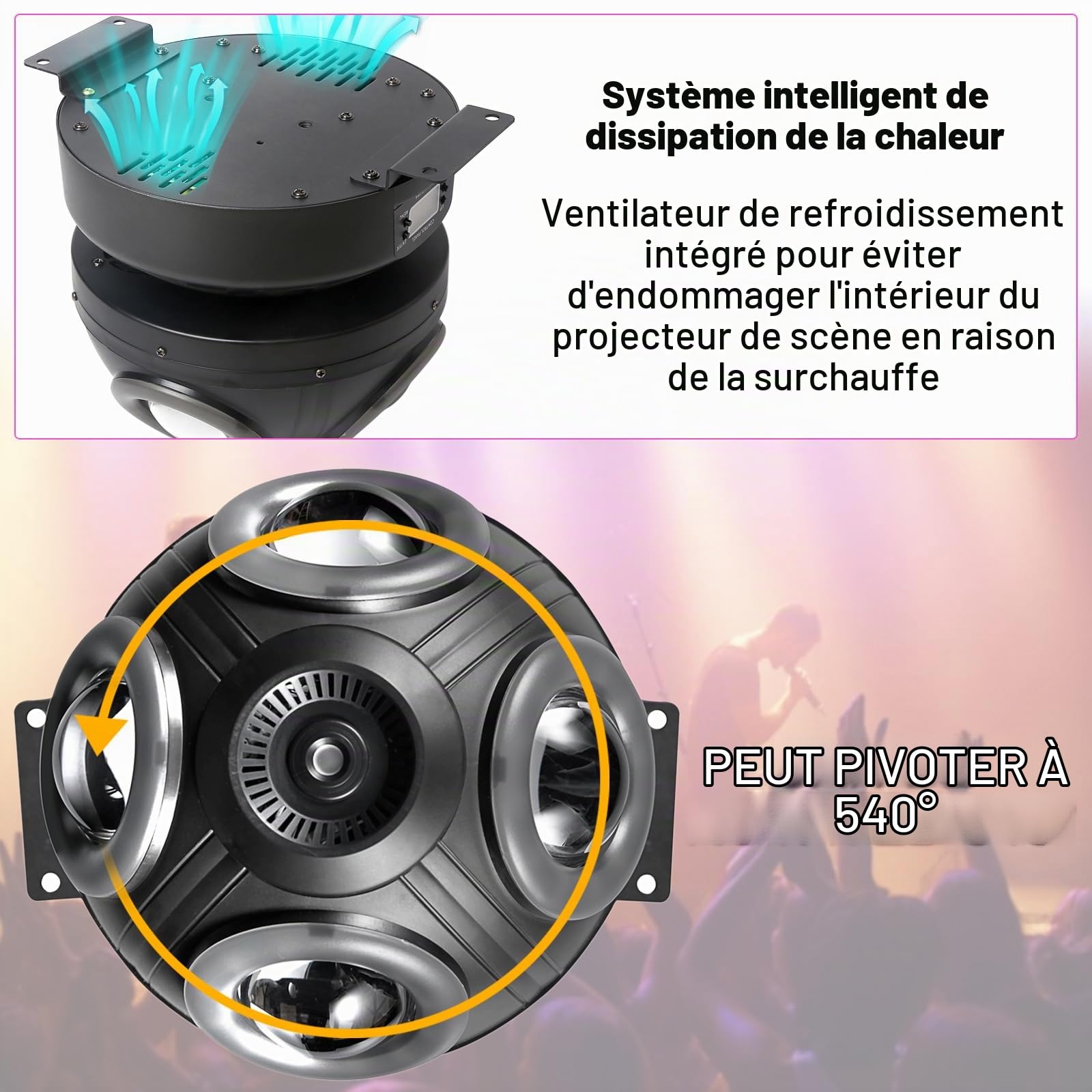Lumière principale mobile, 70 W RGBW 4 en 1 LED lumières de scène DJ, lumières DJ à rotation infinie avec son activé pour fête DJ de mariage et Live House