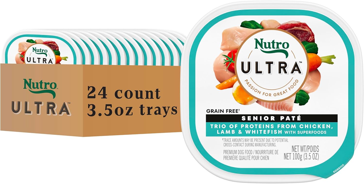 BBD: 07/2025- Nutro Ultra Wet Dog Food Senior Pate Trio of Proteins Chicken, Lamb & Whitefish, 3.5 oz. Trays (24 Count, Pack of 1)