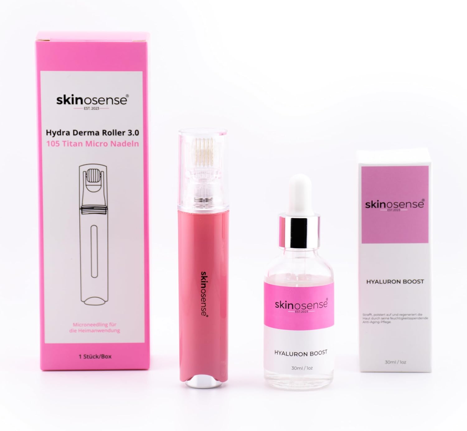 Hyaluronic Booster Set, Hydra Derma Roller 3.0 with 105 Needles & Hyaluronic Serum, for Intense Moisture and Smoother Skin, Reduces Wrinkles, Vegetable & Cruelty Free