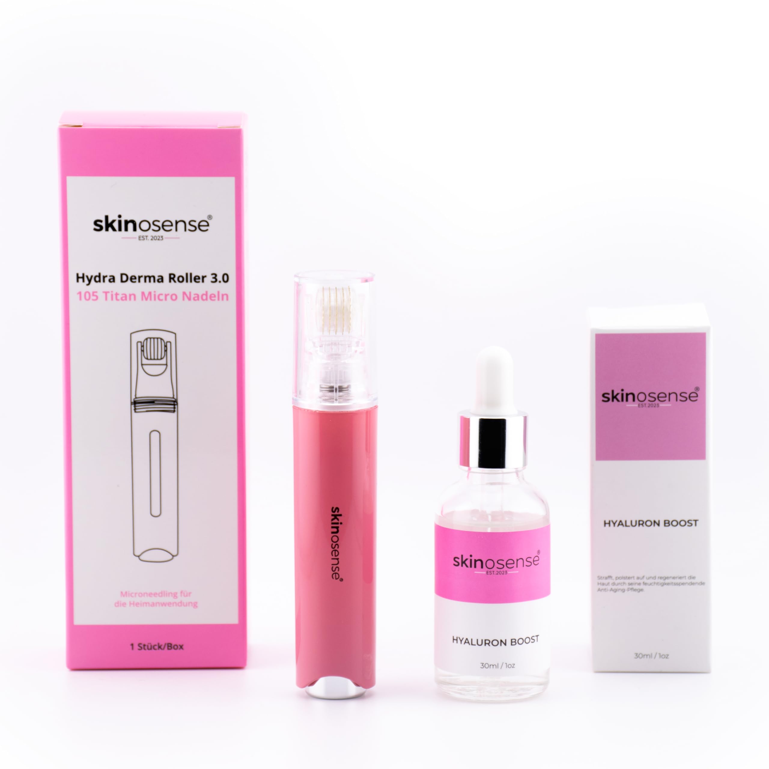 Hydra Derma Roller 3.0 con 105 aghi e siero ialuronico, per un'idratazione intensa e una pelle più liscia, ammorbidisce le rughe, senza vegetali e animali