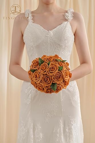 Miniatura 4 de TINGE TIME Flores de naranja quemado, flores falsas para decoración de rosas con tallo, 25 flores artificiales de rosas para ramos de boda, centros