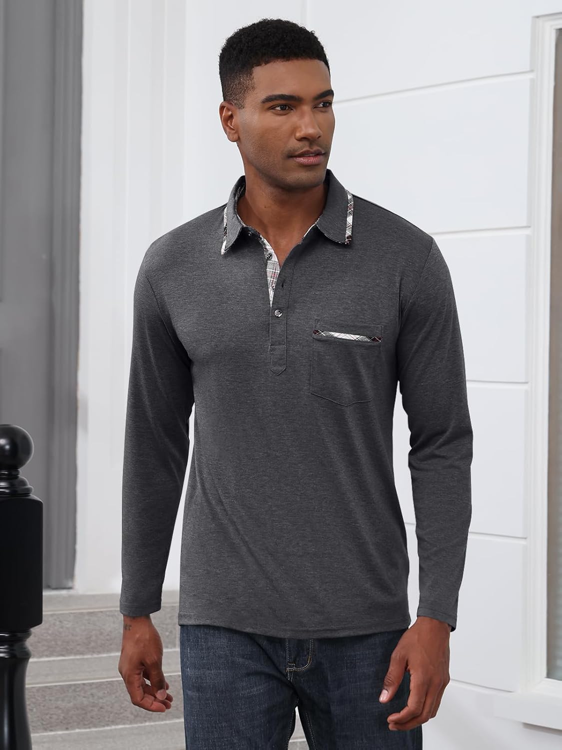 Mens Long Sleeve Polo Shirts Casual Button Moisture Cotton Tees Stylish Tops Golf Shirts with Pocket