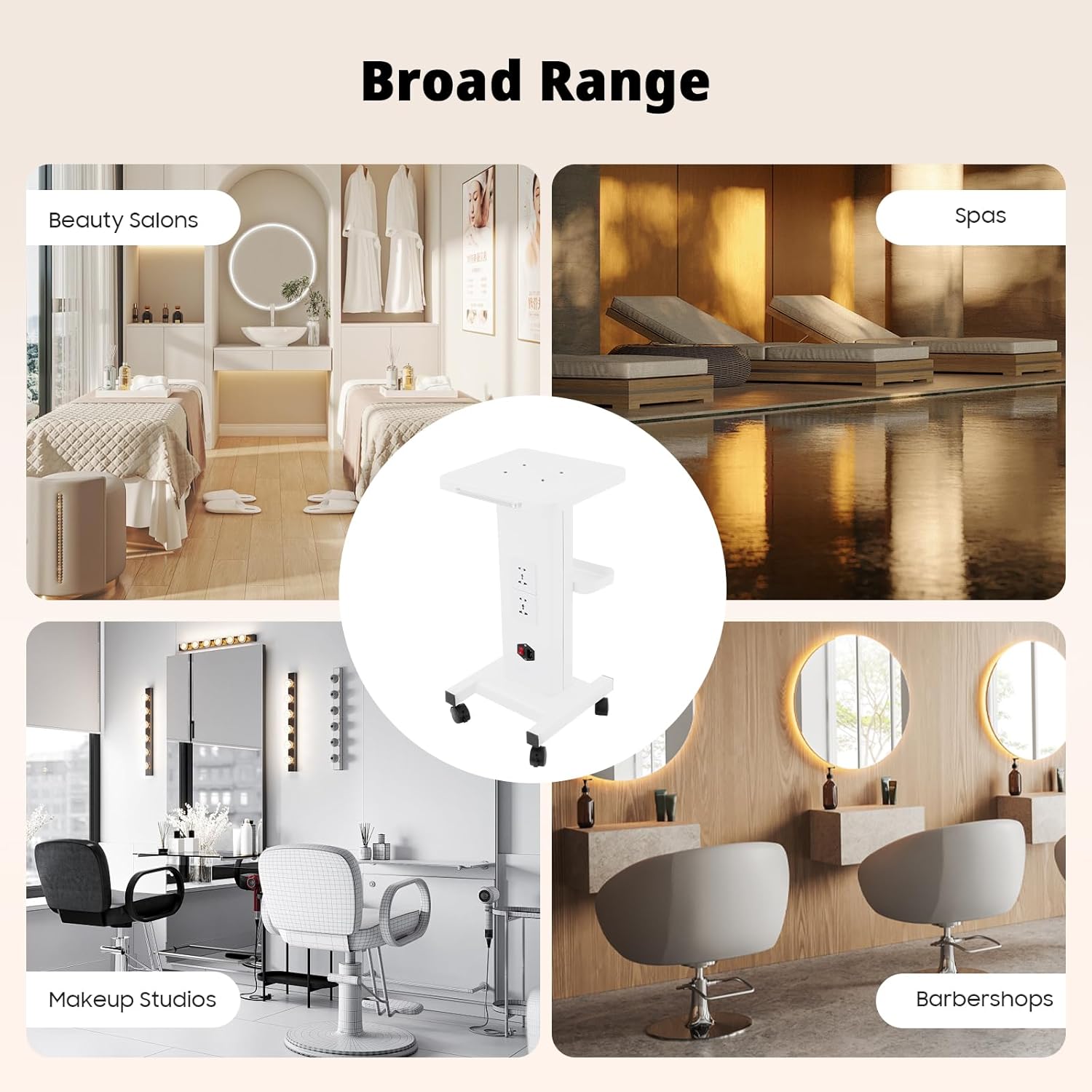 White Beauty Equipment Cart on Wheels, 2-Tier Mobile Beauty Salon Rolling Trolley Cart, Multi-Purpose Metal Hair Spa Tattoo Rolling Salon Trolley Tray with 2 Sockets,Load 99lbs