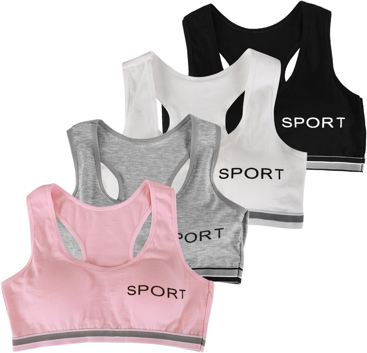 PetalumSuper Comfort Girls' Wireless Sports Bras Bralette Bustier Sleep Bras for Girls in Yoga Kids Fitness Cotton Crop Tops Vest Running with Built Up Straps (Pack of 4)