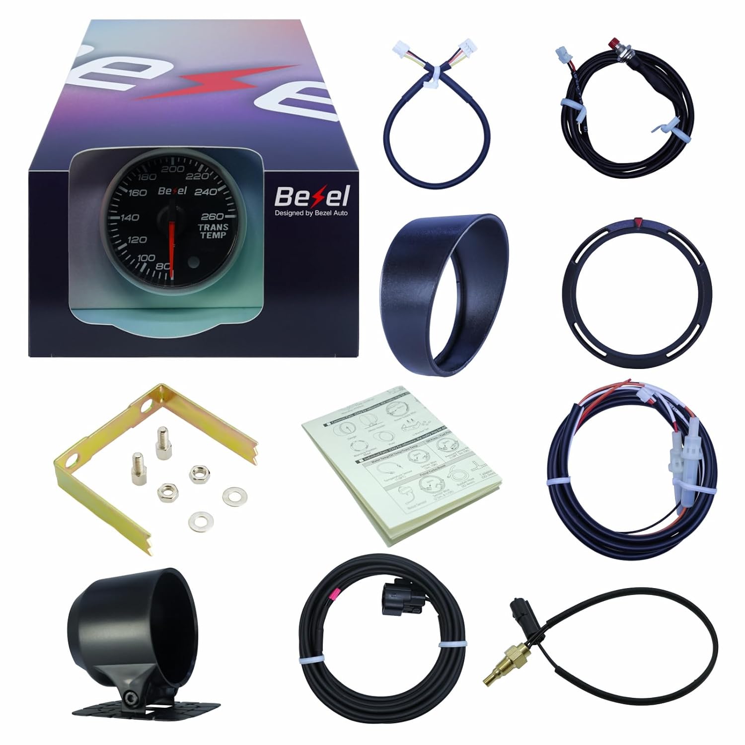 Bezel Transmission Temp Gauge Kit 80-260℉ Black Indash Brushless Series 2-1/16'' (52mm) for car - 10 Colors - Clear Lens - Includes Temperature Sensor - 5 Level Brightness - JDM - USDM