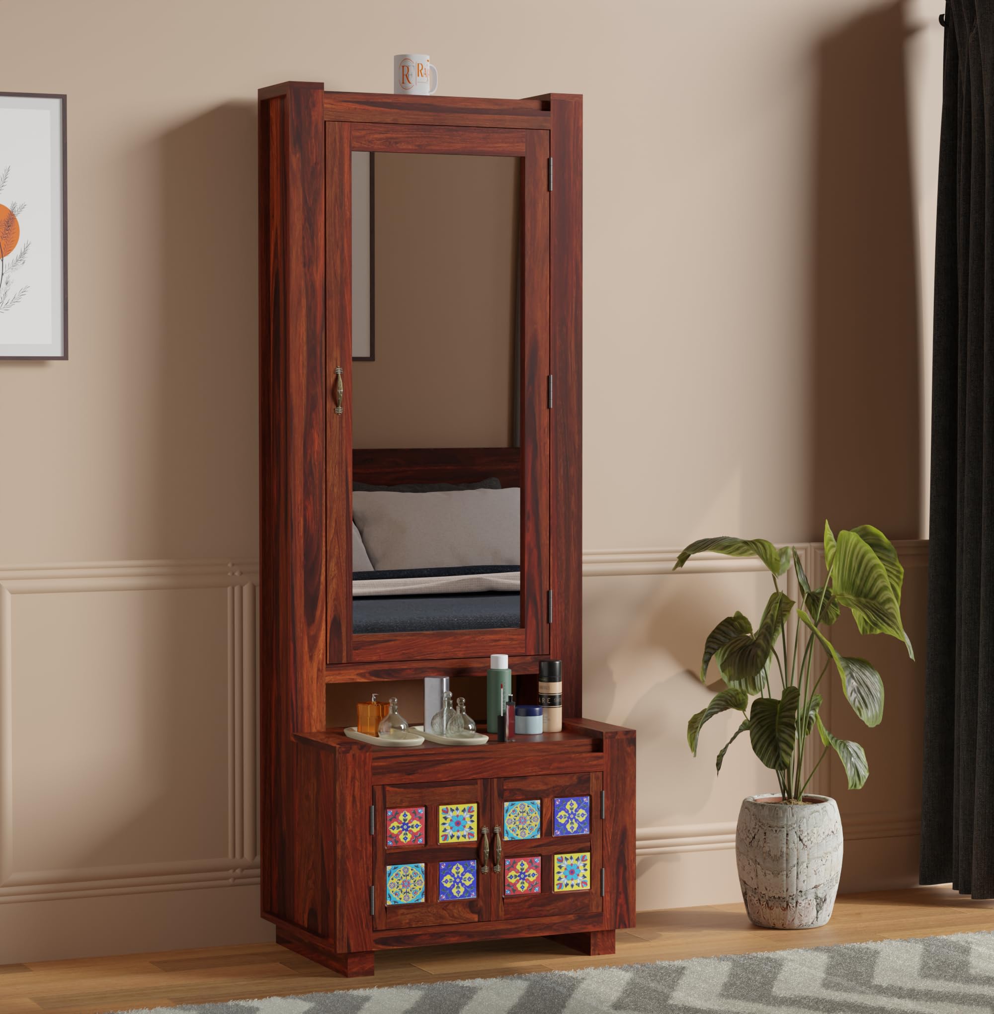 Solid Wood Dressing Table with Mirror & Storage Cabinet | Wooden Dressing Unit with Handcrafted Tile Design | Bedroom Vanity Organizer with Mirror | Honey Oak Finish | 72 x 28 x 18 Inches-image-5