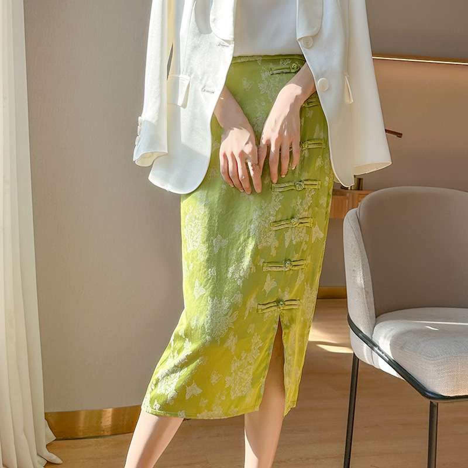 Jupe Droite en Satin De Soie pour Femme - Été Mi-Longue Taille Haute Jacquard Rétro Style Chinois Boucle Cheongsam Jupe Fendue À La Hanche, Jupe Drapée Souple Et Soyeuse À La Mode,Vert