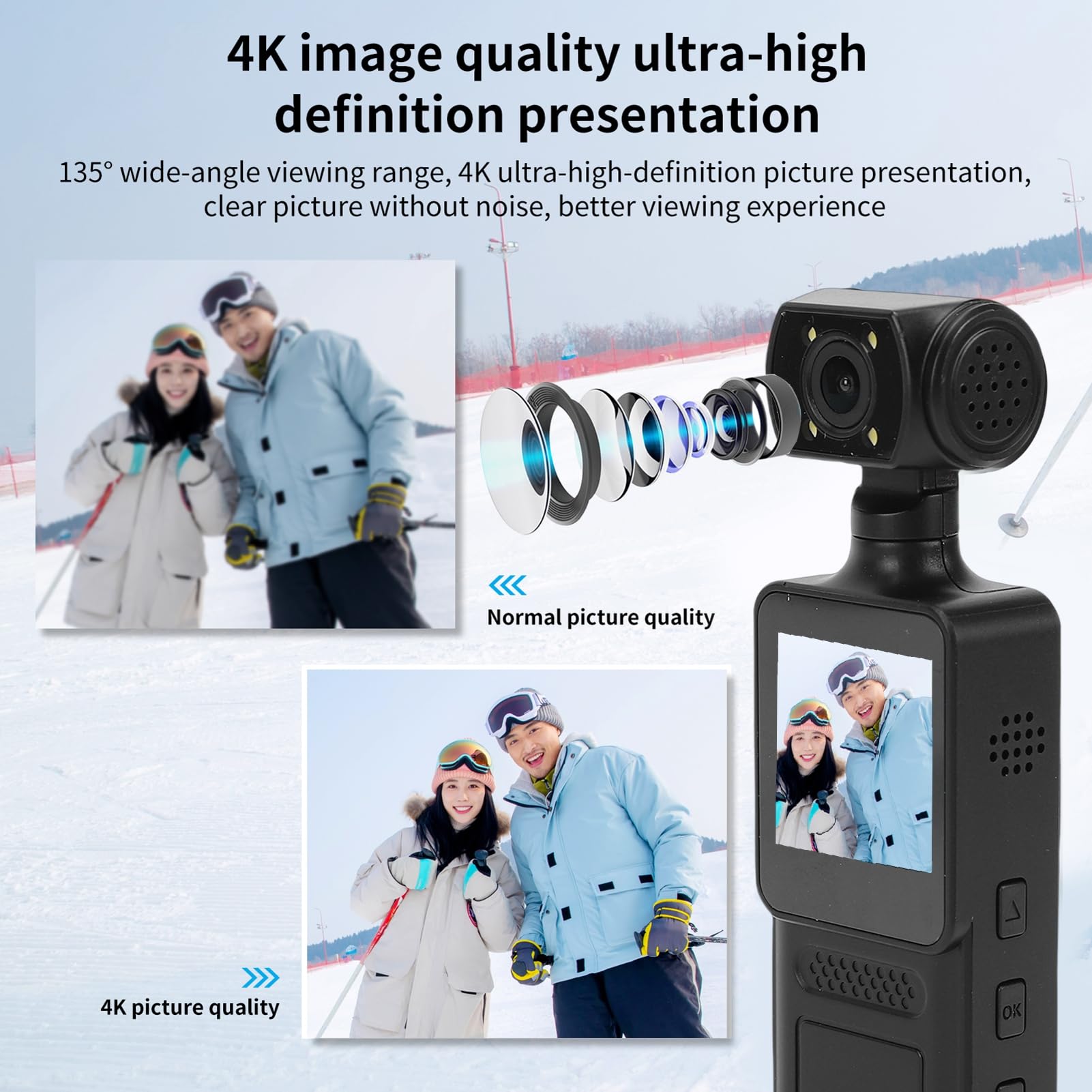 Dpofirs Kamera Korpusowa, Kamera Akcji 4K, Ekran HD o Przekątnej 1,31 Cala, z Klipsem z Tyłu Obiektywu Obracającym się o 180°, Wodoodporna Sportowa z funkcją Anti Shake WiFi, do