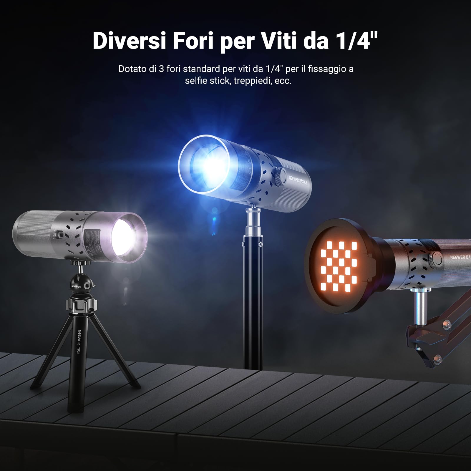 NEEWER BASICS Torcia Fotografica RGB da 20W con 4 Colori | 20 Filtri Gobo, Batteria Integrata da 49,95Wh, 6300K CRI95+ Faretto LED Portatile Luce Ambientale Tramonto per Video, FL20