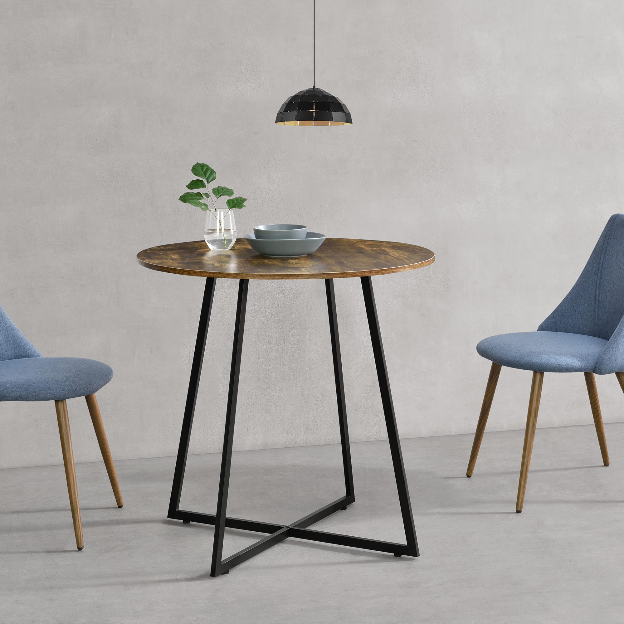 [en.casa] Tavolo da Pranzo con Piano Tondo in MDF (AxØ) 78 x 80 cm Gambe in Metallo a Forma di Croce - Color Legno Scuro