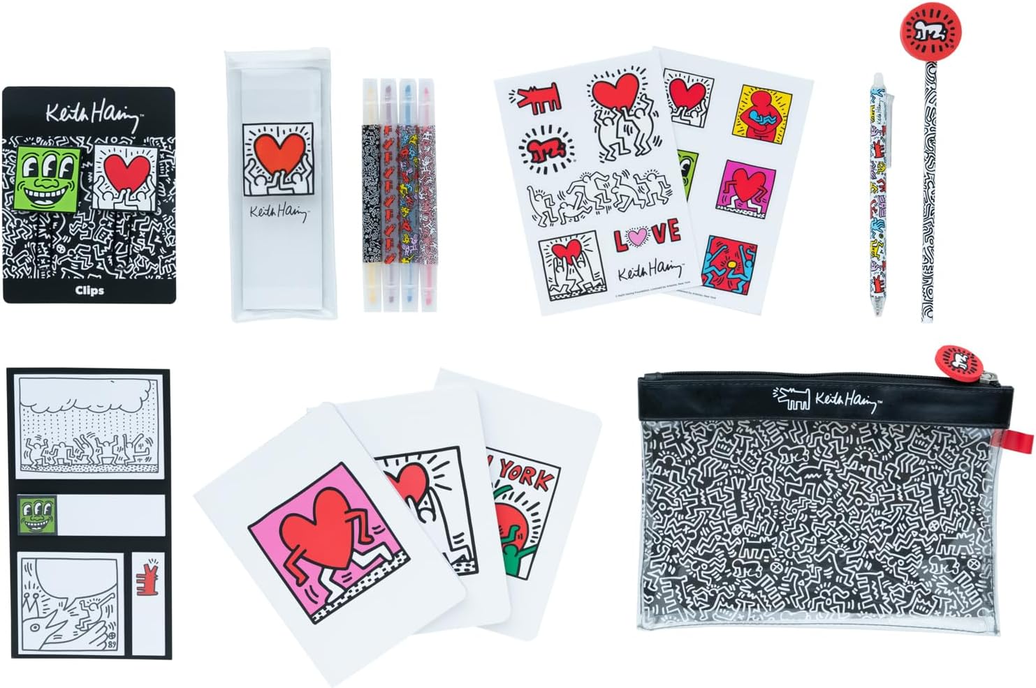 Grupo Erik Stationery Set - Keith Haring | Pencil Case With A6 Notebooks, Highlighters, Sticky Notes, Paper Clips, Stickers, Pen, Pencil | Graffiti Art Gifts