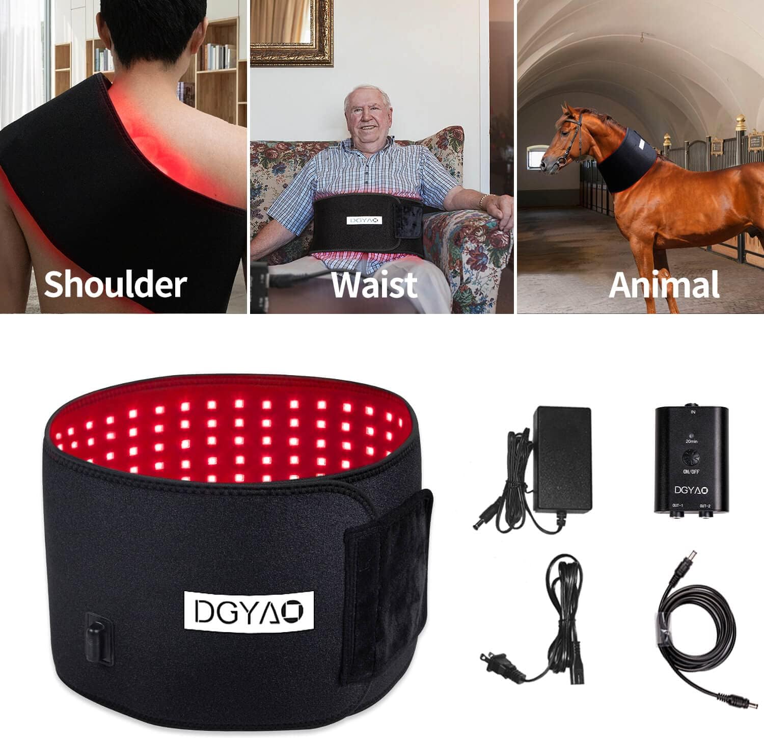 Images showing the therapy belt being used on a person's shoulder, waist, and on an animal's neck.