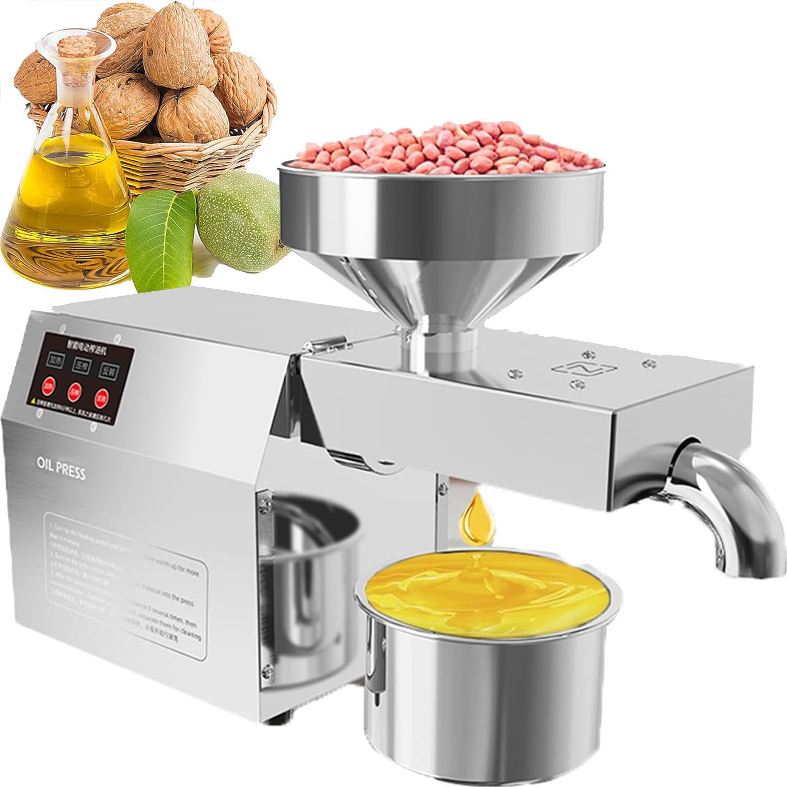LTSRLL Máquina automática Prensa Aceite 800W-1500W, Prensa en frío/Caliente, Temperatura y Controlador Pantalla táctil, 3-6kg/h, Acero Inoxidable, para maní, Girasol, Lino, Aguacate, sésamo