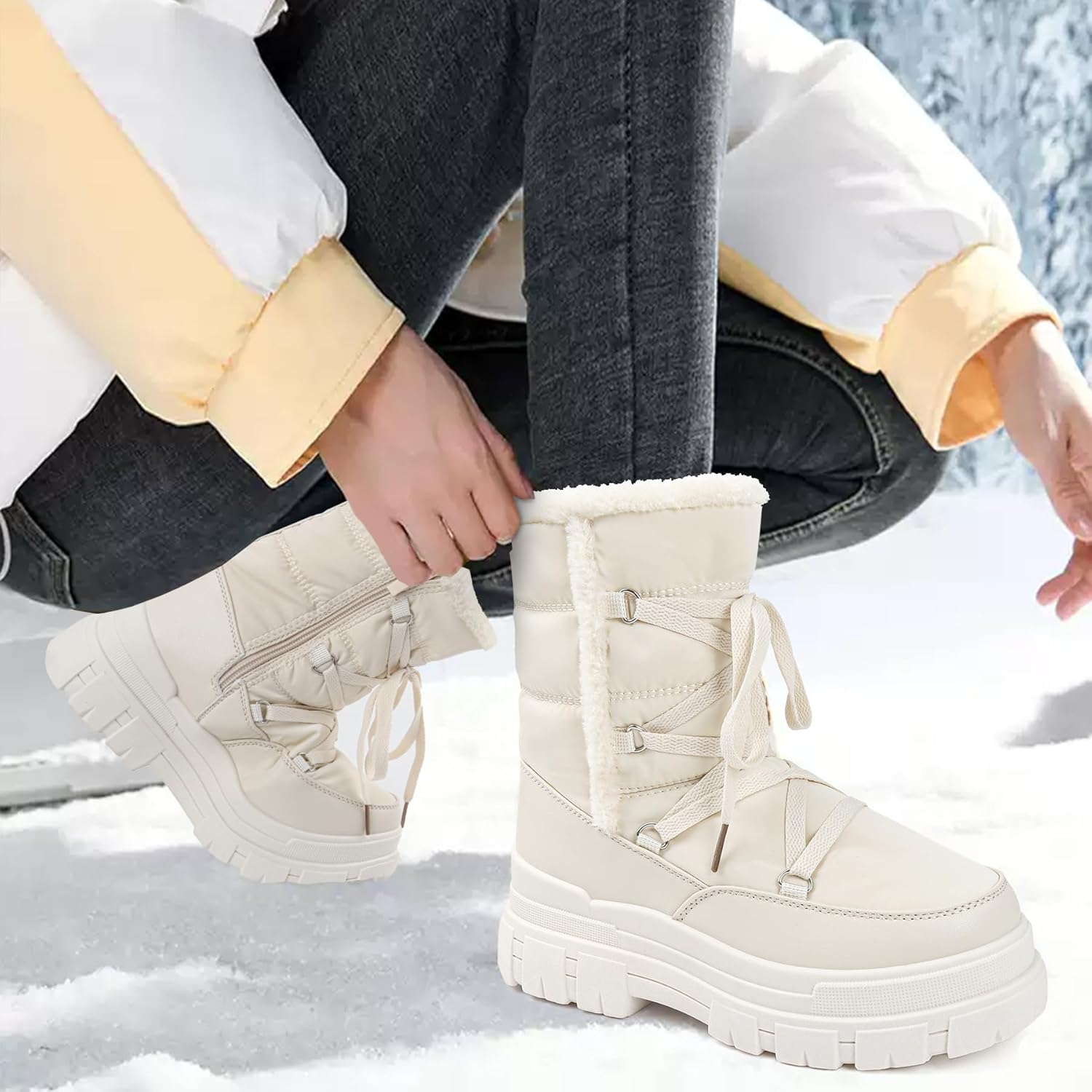 White Snow Boots for Women Waterproof Platform Winter Boots Anti-Slip Warm, Comfortable Outdoor Booties - Image 2