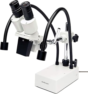 AmScope SE420-2L 20X Compact Fixed-Lens Stereo Boom-Arm Microscope with Dual Gooseneck LED Lights