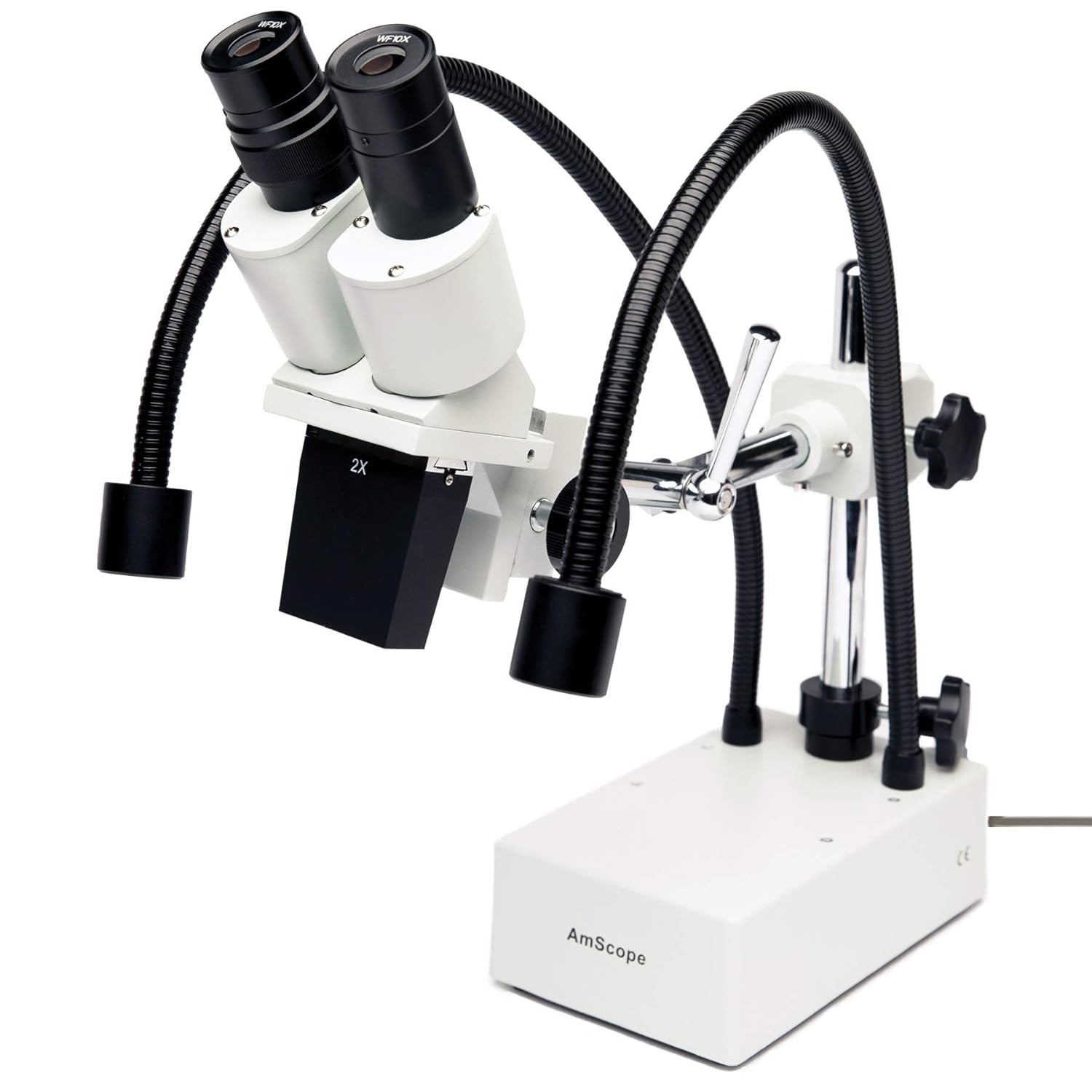 AmScope SE420-2L 20X Compact Fixed-Lens Stereo Boom-Arm Microscope with Dual Gooseneck LED Lights
