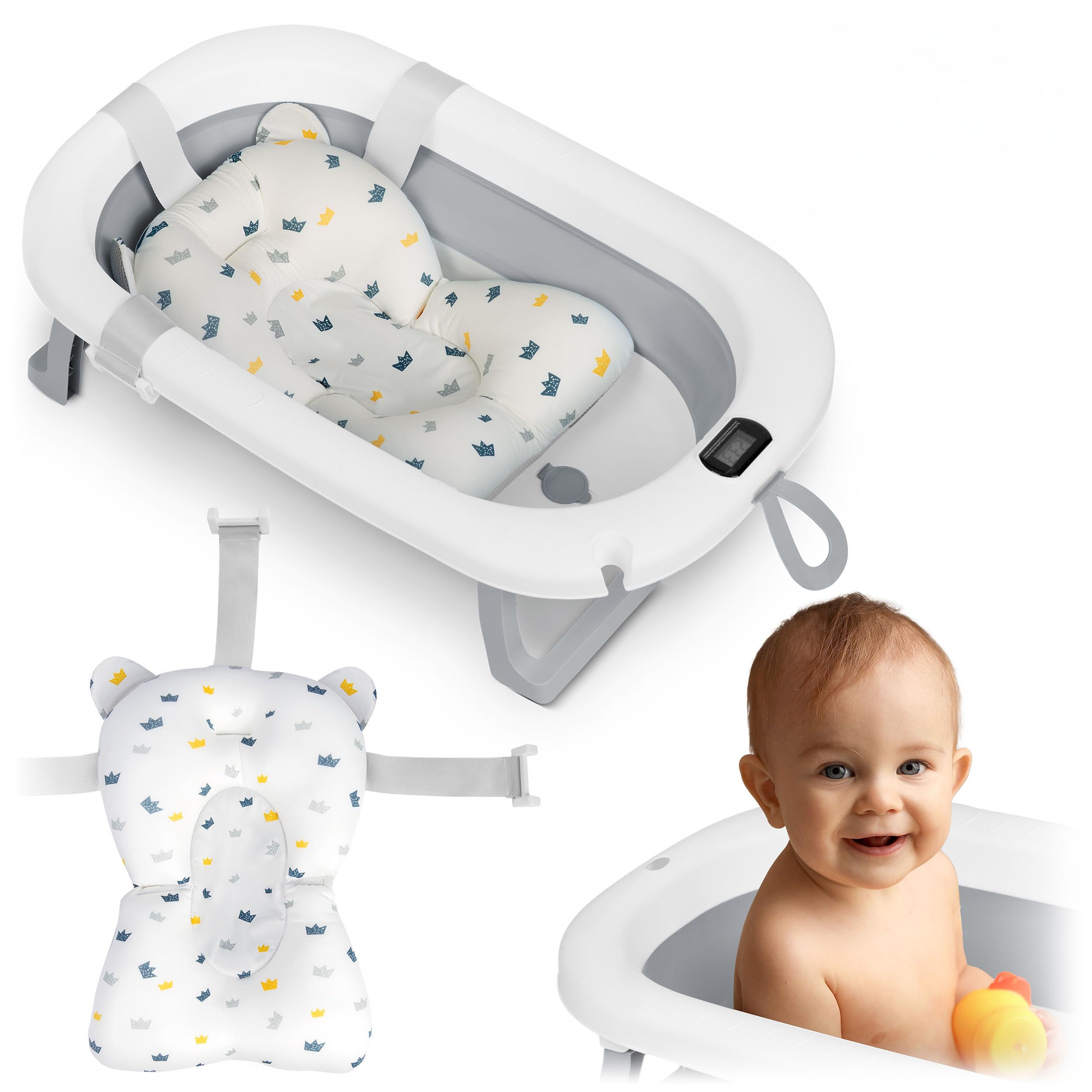 Ricokids Baby Bathtub with Thermometer and Bath Pillow - Foldable Lightweight Non-Slip - White Grey