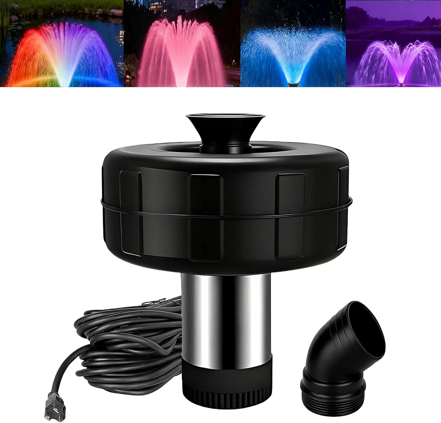 Pond fountain aerator with RGB LED lights, suitable for outdoor lakes and ponds, 110V stainless steel large fountain pump, 1 HP aerator, 100-foot cable, 750W water pump, with remote control