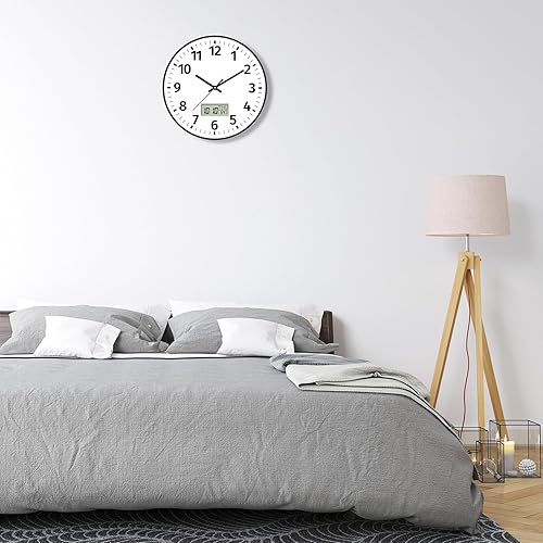 Miniatura 8 de Foxtop Reloj de pared digital con hora, día de la semana y temperatura, silencioso sin tictac, funciona con pilas, reloj de pared redondo digital y