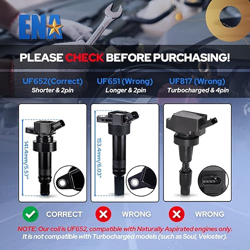 Miniatura 2 de ENA Juego de 4 bobinas de encendido UF652 con bujía de iridio 94017 compatible con Hyundai Kia 2012 2013 2014 2015 2016 2017 2018 2019 Rio 2012-2019