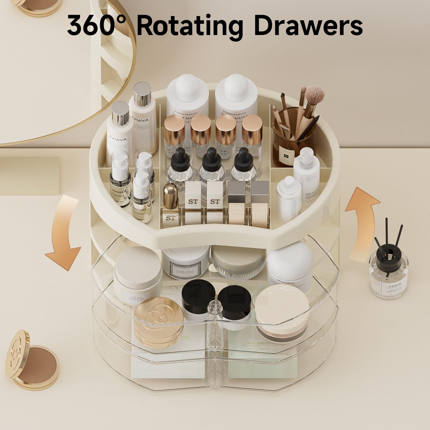 UFORU Makeup Organizer for Vanity, Countertop Organizer with 360° Rotating Drawer, Spacious Cosmetic Display Case for Beauty Essential, Skincare,Lipstick, 3 Drawers