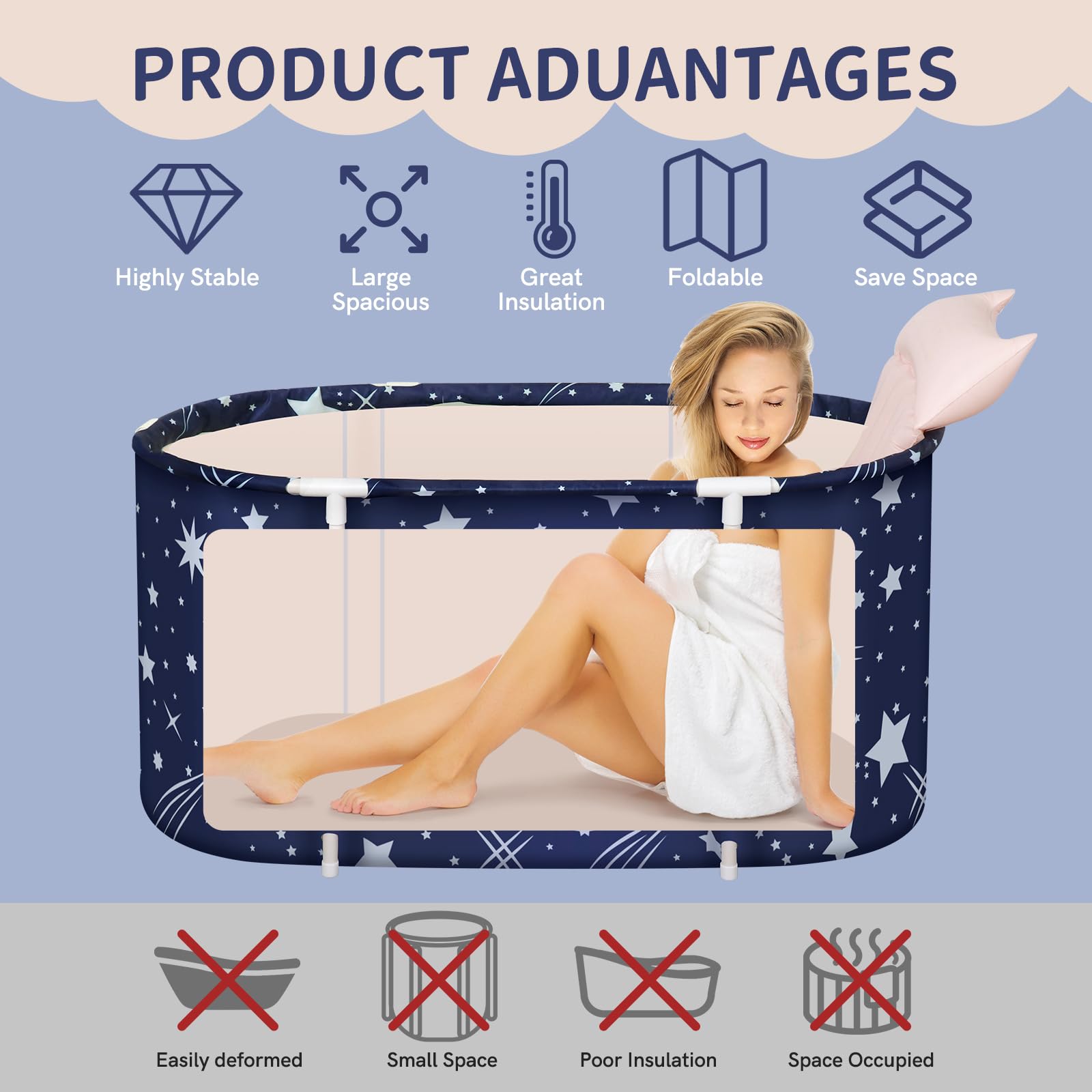 Xverycan Vasca da Bagno Pieghevole, Vasca da Bagno Adulti 113x68x57cm, Portatile Freestanding Vasca da Bagno con Cuscino Insufflazione, per Confortevole Interni Bagno SPA Campeggio All'aperto