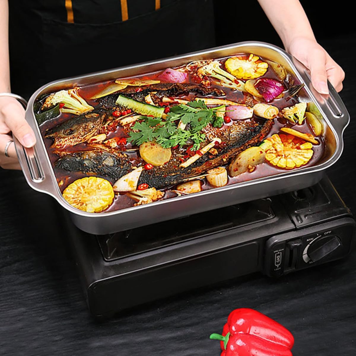 Stainless Steel Rectangular Baking Sheet Pan 41X24X5.3Cm Thickened Metal Roasting Pan Deep Oven Tray for Bbq Cooking and Stove Top Use