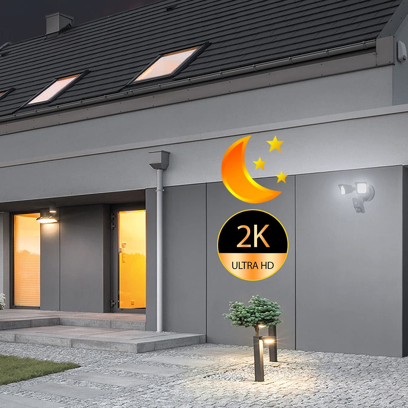 VisorTech Fluter: 2K-Kamera mit 2 LED-Strahlern, 2.400lm, Sirene, Nachtsicht, WLAN, App (Flutlicht mit Kamera, Outdoor Überwachungskamera WLAN, IP)