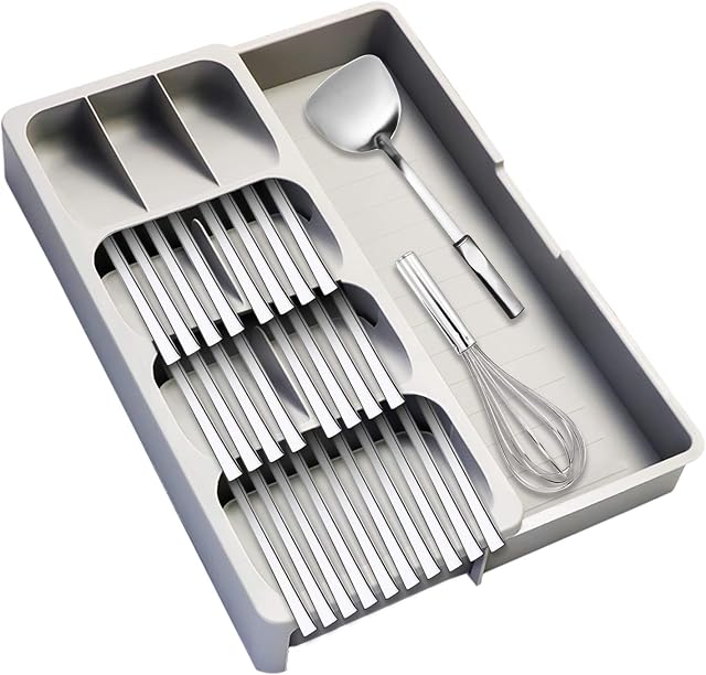 KAKUNM Plastic Cutlery Tray Organiser Expandable Kitchen Drawer Tray 41 X 29 X 5.6 CM, Grey