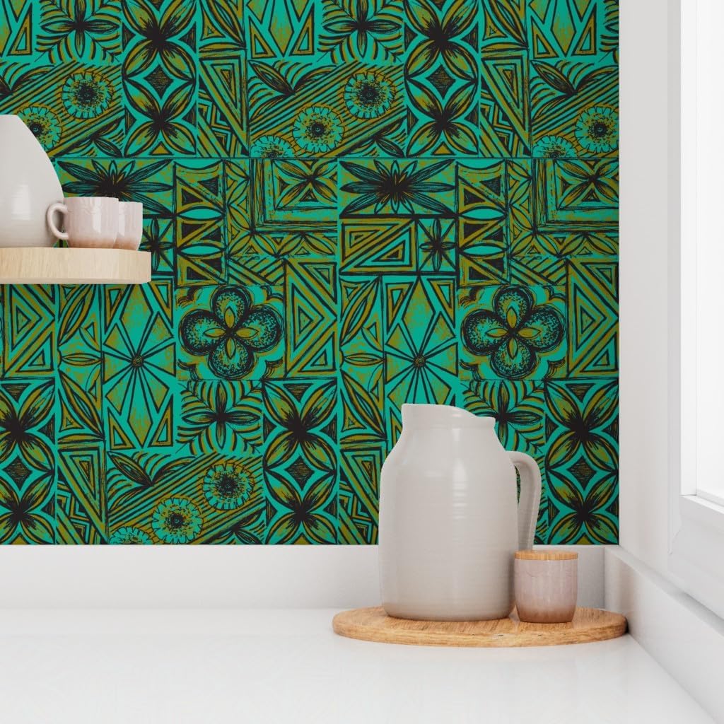 Peel & Stick Wallpaper 3ft x 2ft - Olive Ocean Hawaiian Vintage Tiki Mid Century Mod Black Custom Removable Wallpaper by Spoonflower