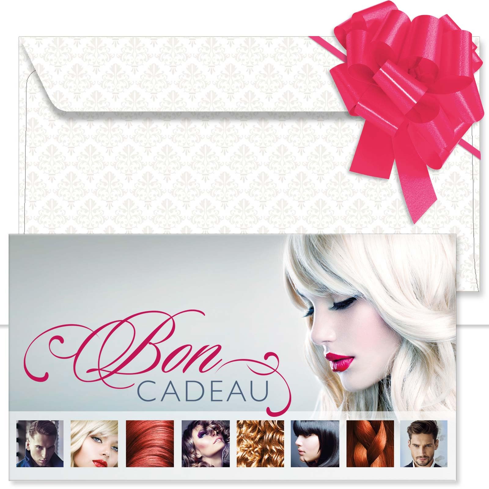 POS BON - 100 bons cadeaux à remplir avec enveloppe/nœud ruban - formulaires imprimés pour des salons de coiffure K12002F-2-100-V1