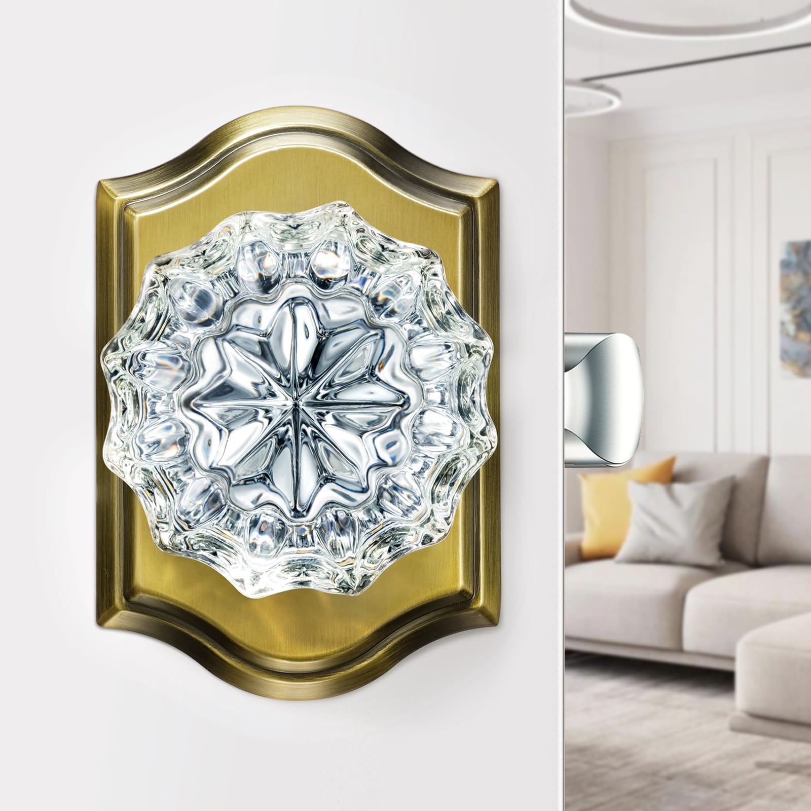Calzibeno Glass Passage Door Knobs Interior, Antique Brass Crystal Door Knobs for Hallway and Closet, Vintage Glass Crystal Doorknob, 1 Pack