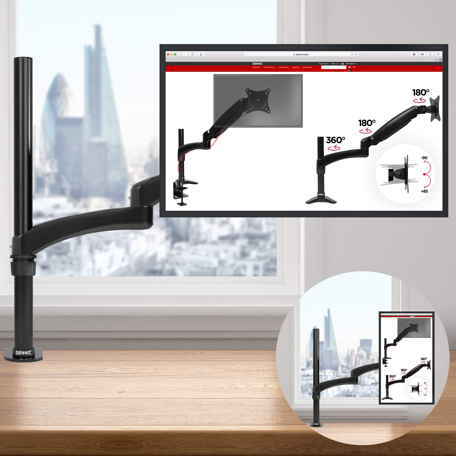 Duronic DM451X3 Uchwyt biurkowy do monitora 13 kg VESA 75 lub VESA 100 ramię do ekranu na 1 monitor czarny odlewane ciśnieniowo aluminium